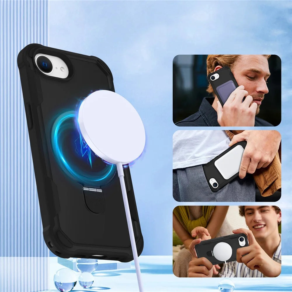 For iPhone 17e / 16e Case Compatible with MagSafe Kickstand TPU + PC Shockproof Phone Back Cover - Black - 5