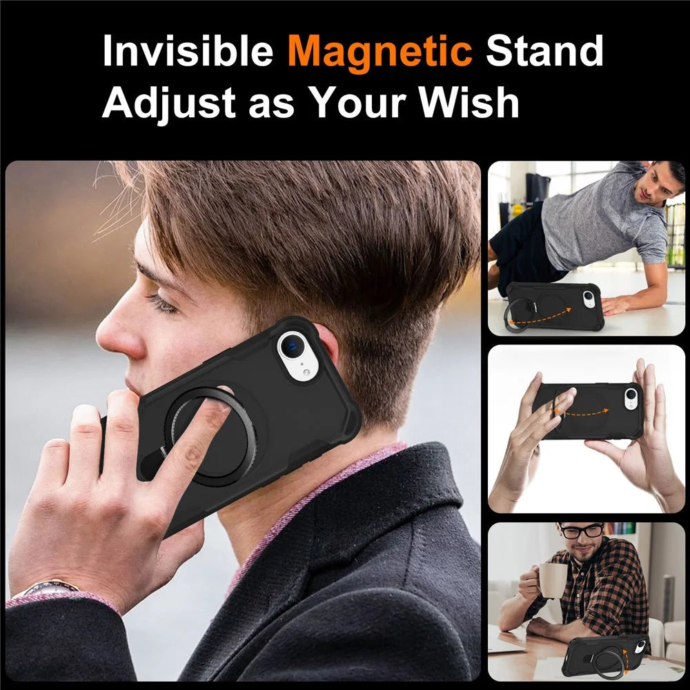 For iPhone 17e / 16e Case Compatible with MagSafe Kickstand TPU + PC Shockproof Phone Back Cover - Black - 6