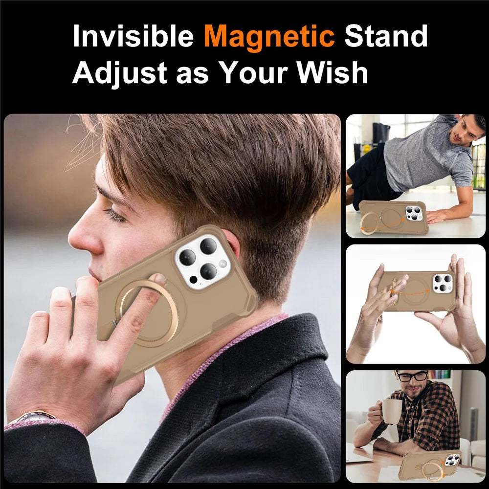 For iPhone 16 Pro Case Compatible with MagSafe Kickstand TPU + PC Shockproof Phone Back Cover - Gold - 6