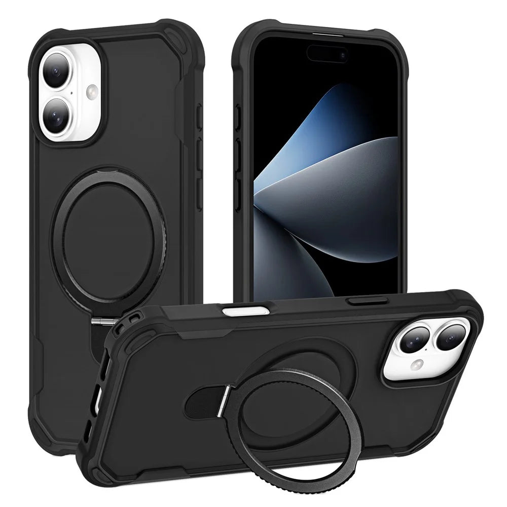 For iPhone 16 Case Compatible with MagSafe Kickstand TPU + PC Shockproof Phone Back Cover - Black - 1