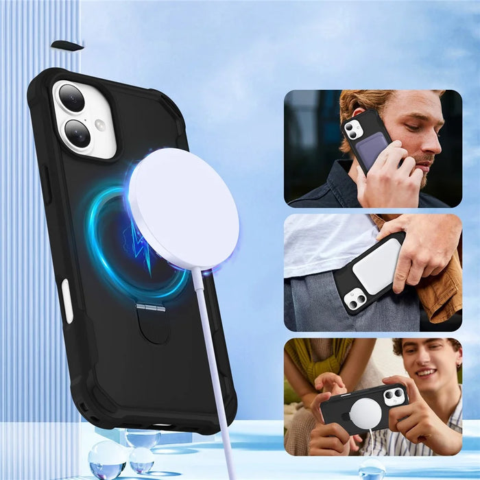For iPhone 16 Case Compatible with MagSafe Kickstand TPU + PC Shockproof Phone Back Cover - Black - 5
