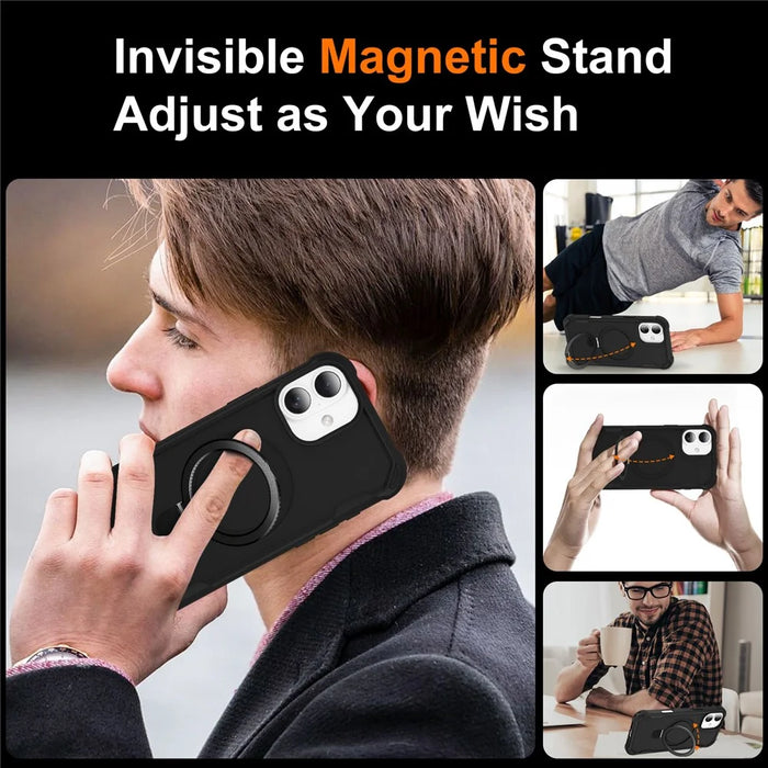 For iPhone 16 Case Compatible with MagSafe Kickstand TPU + PC Shockproof Phone Back Cover - Black - 6