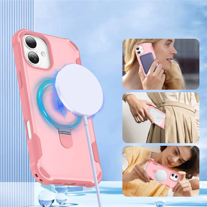 For iPhone 16 Plus Case Compatible with MagSafe Kickstand TPU + PC Shockproof Phone Back Cover - Pink - 5