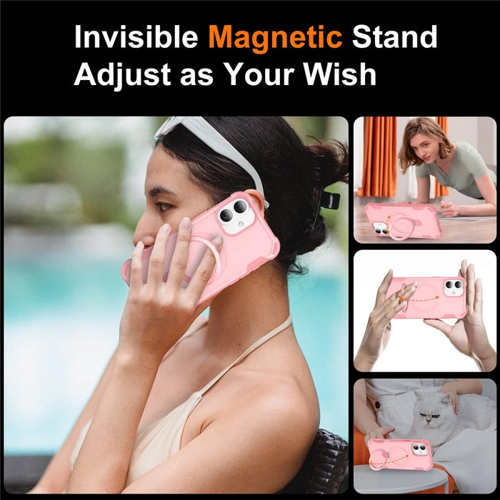 For iPhone 16 Plus Case Compatible with MagSafe Kickstand TPU + PC Shockproof Phone Back Cover - Pink - 6