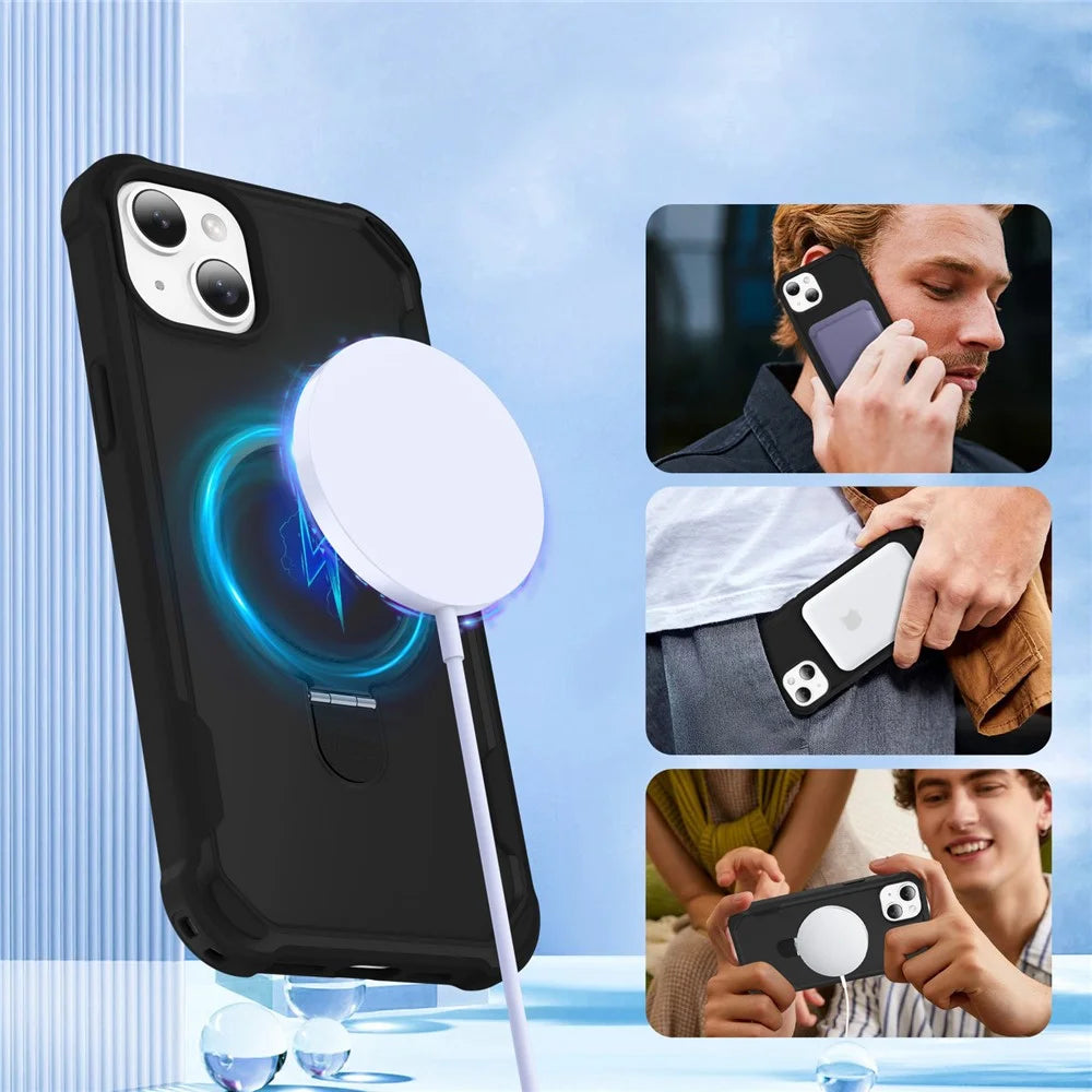 For iPhone 13 Case Compatible with MagSafe Kickstand TPU + PC Shockproof Phone Back Cover - Black - 5