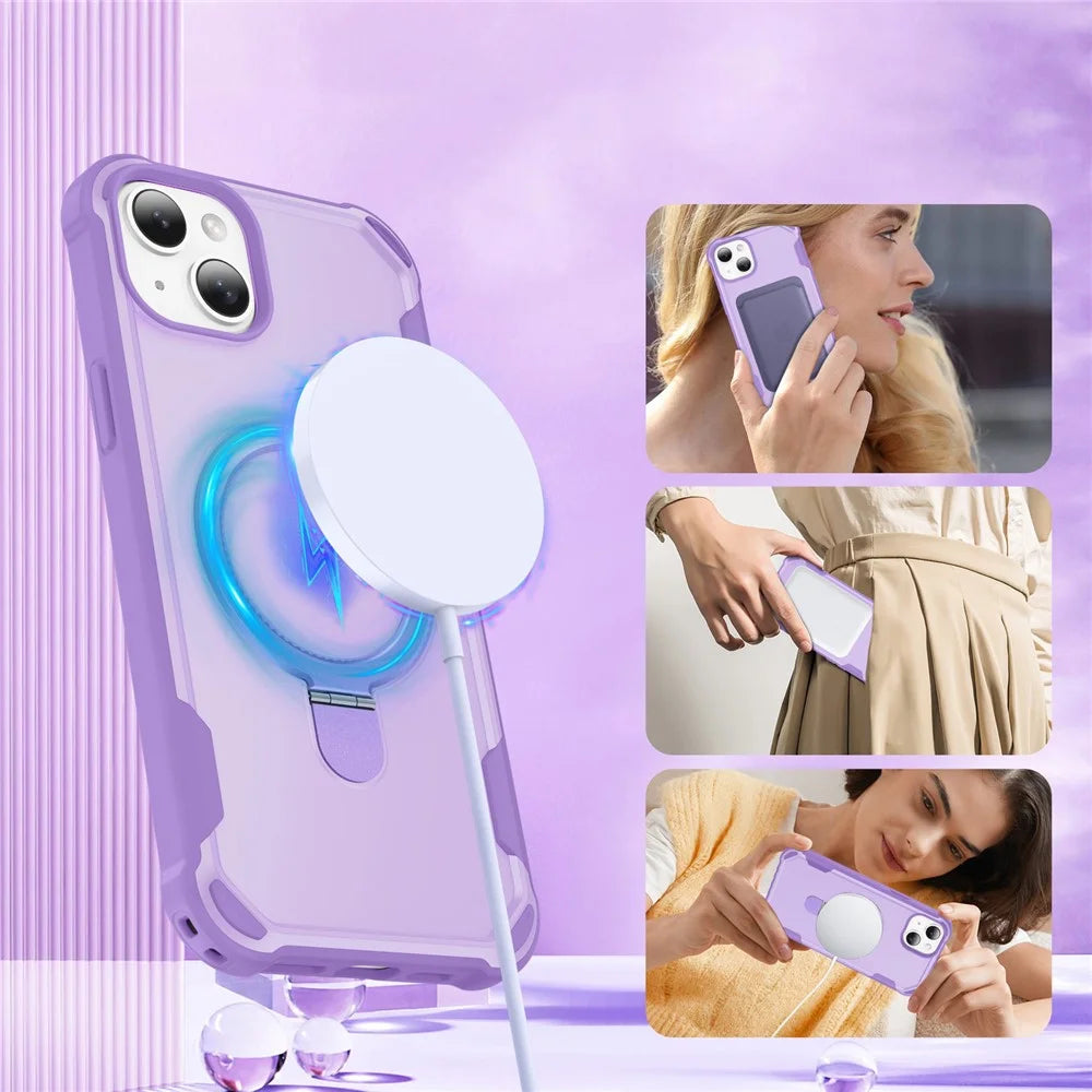 For iPhone 14 Case Compatible with MagSafe Kickstand TPU + PC Shockproof Phone Back Cover - Purple - 5