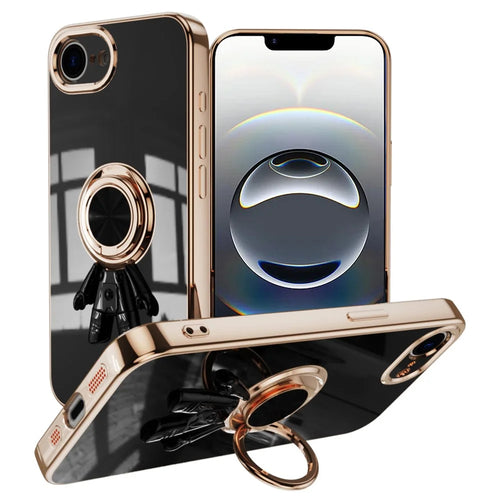 For iPhone 17e / 16e Case with Astronaut Ring Kickstand 6D Electroplating TPU Phone Cover - Black - 1
