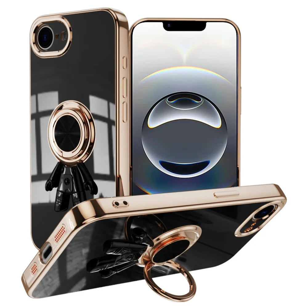 For iPhone 17e / 16e Case with Astronaut Ring Kickstand 6D Electroplating TPU Phone Cover - Black - 1