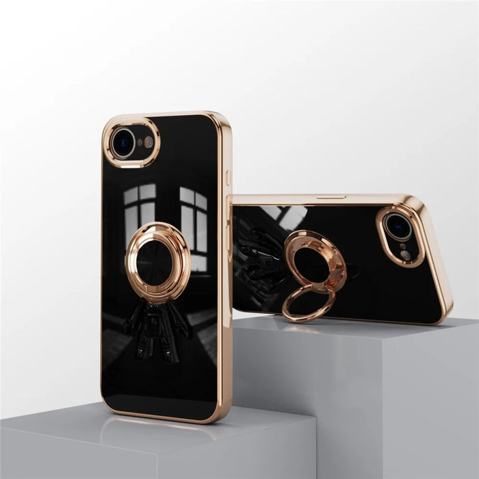 For iPhone 17e / 16e Case with Astronaut Ring Kickstand 6D Electroplating TPU Phone Cover - Black - 3