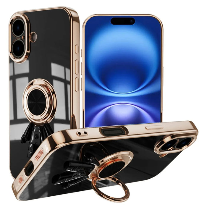 For iPhone 16 Case with Astronaut Ring Kickstand 6D Electroplating TPU Phone Cover - Black - 1