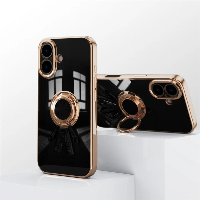 For iPhone 16 Case with Astronaut Ring Kickstand 6D Electroplating TPU Phone Cover - Black - 3