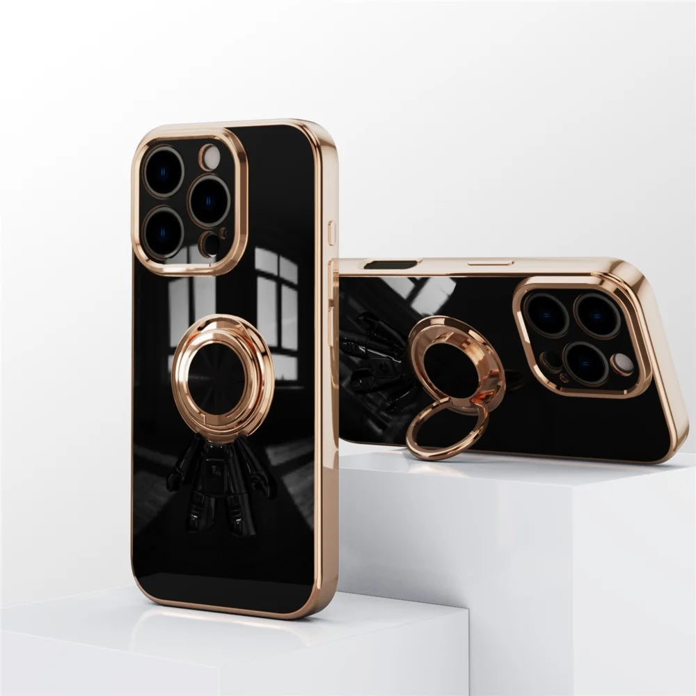 For iPhone 16 Pro Case with Astronaut Ring Kickstand 6D Electroplating TPU Phone Cover - Black - 3