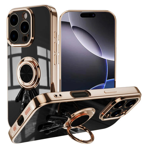 For iPhone 16 Pro Max Case with Astronaut Ring Kickstand 6D Electroplating TPU Phone Cover - Black - 1