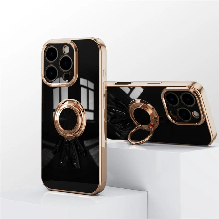For iPhone 16 Pro Max Case with Astronaut Ring Kickstand 6D Electroplating TPU Phone Cover - Black - 3
