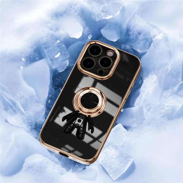 For iPhone 16 Pro Max Case with Astronaut Ring Kickstand 6D Electroplating TPU Phone Cover - Black - 5