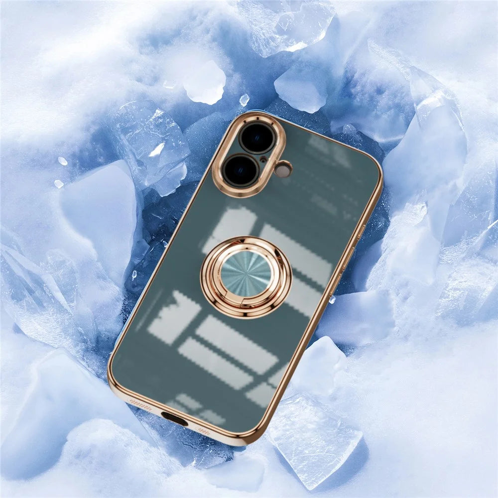 For iPhone 16 Case Precise Cutouts 6D Electroplating TPU Phone Cover with Ring Holder - Grey - 4