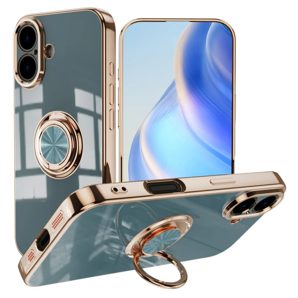 For iPhone 16 Plus Case Precise Cutouts 6D Electroplating TPU Phone Cover with Ring Holder - Grey - 1
