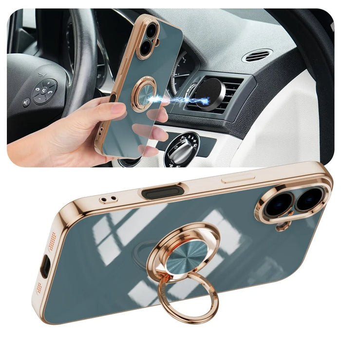 For iPhone 16 Plus Case Precise Cutouts 6D Electroplating TPU Phone Cover with Ring Holder - Grey - 3