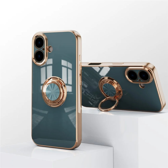 For iPhone 16 Plus Case Precise Cutouts 6D Electroplating TPU Phone Cover with Ring Holder - Grey - 5