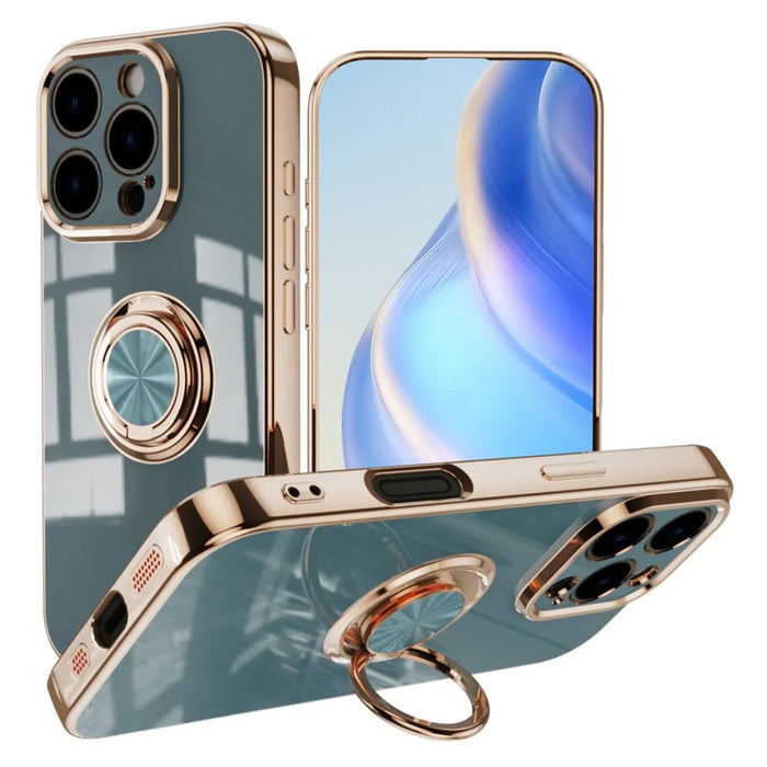 For iPhone 16 Pro Case Precise Cutouts 6D Electroplating TPU Phone Cover with Ring Holder - Grey - 1