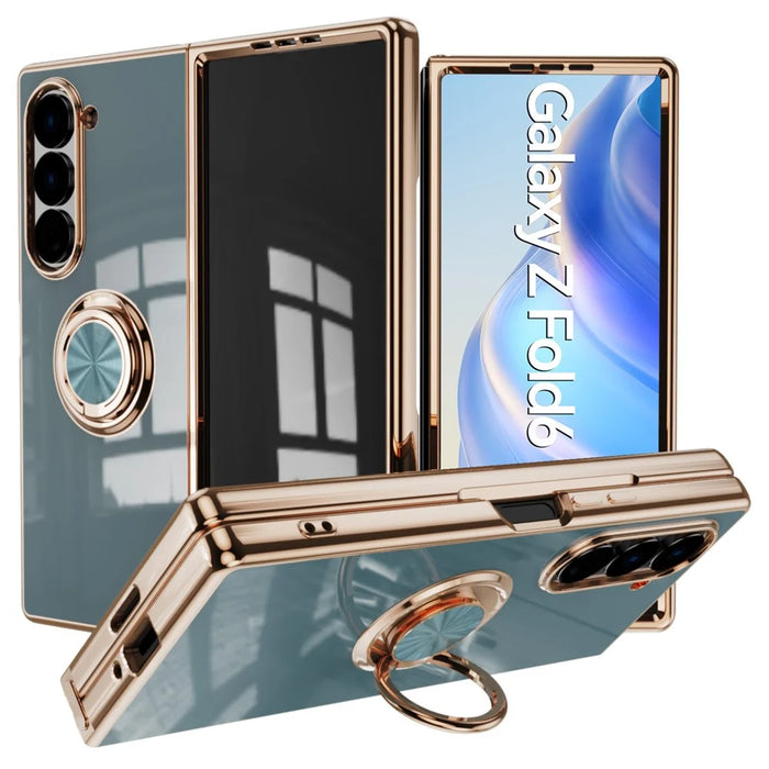 For Samsung Galaxy Z Fold6 5G Case Precise Cutouts 6D Electroplating TPU Phone Cover with Ring Holder - Grey - 1