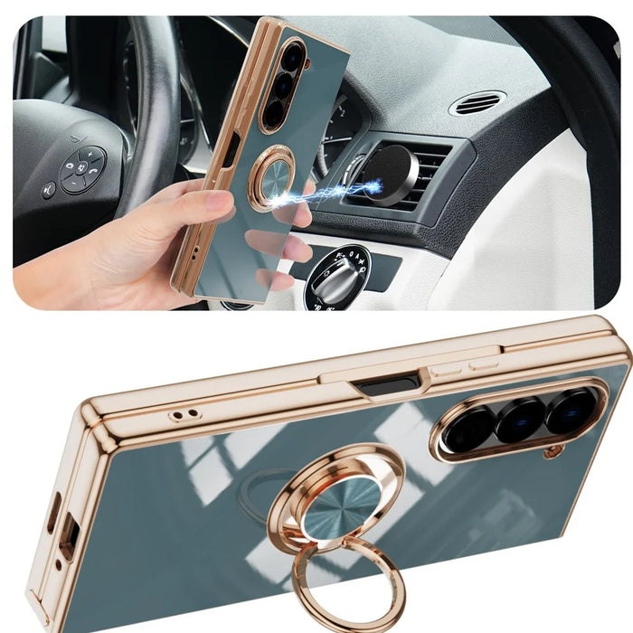 For Samsung Galaxy Z Fold6 5G Case Precise Cutouts 6D Electroplating TPU Phone Cover with Ring Holder - Grey - 3