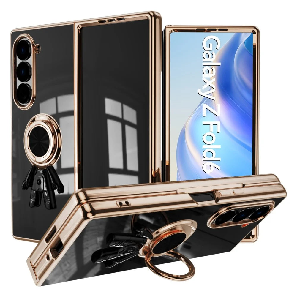 For Samsung Galaxy Z Fold6 5G Case with Astronaut Ring Kickstand 6D Electroplating TPU Phone Cover - Black - 1