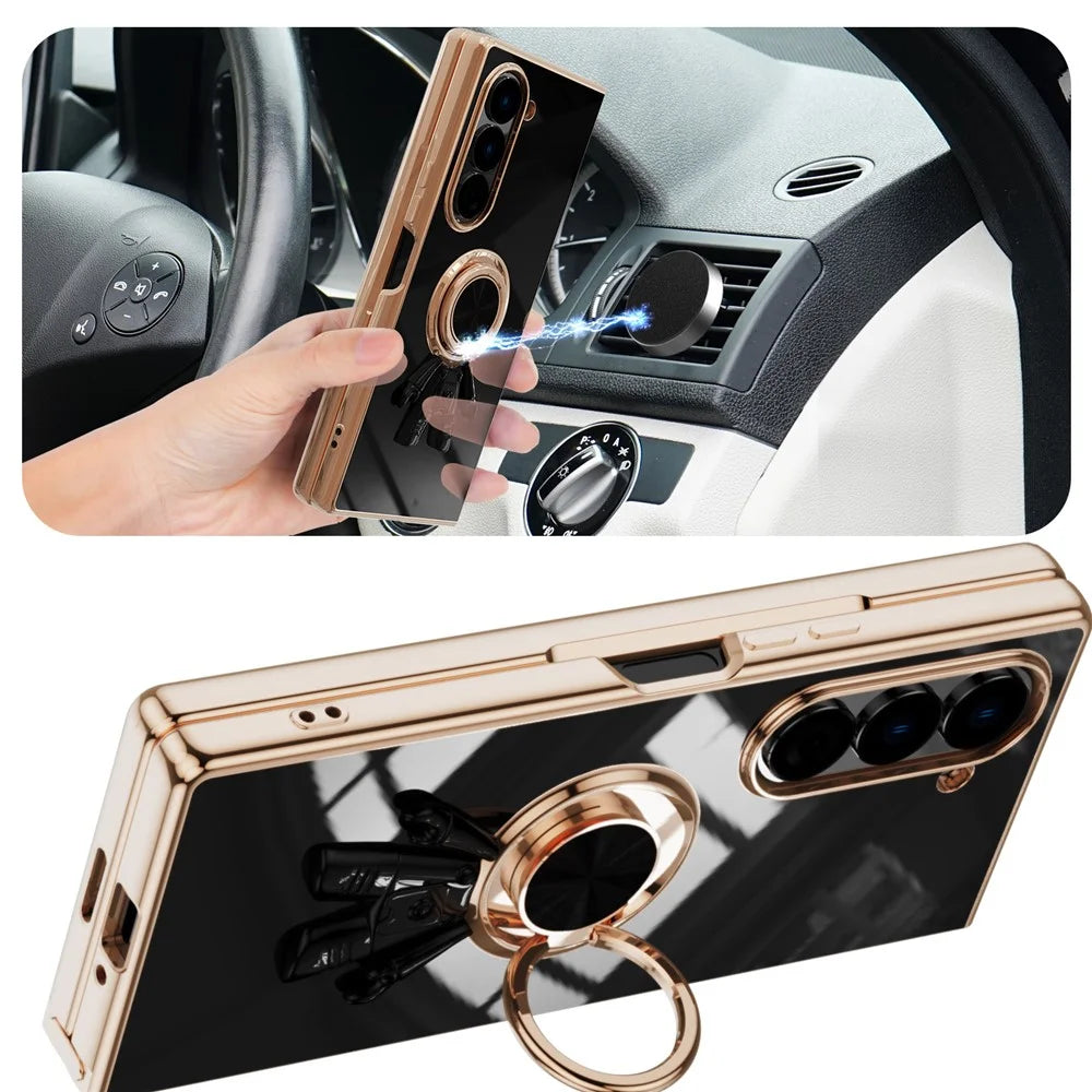 For Samsung Galaxy Z Fold6 5G Case with Astronaut Ring Kickstand 6D Electroplating TPU Phone Cover - Black - 2
