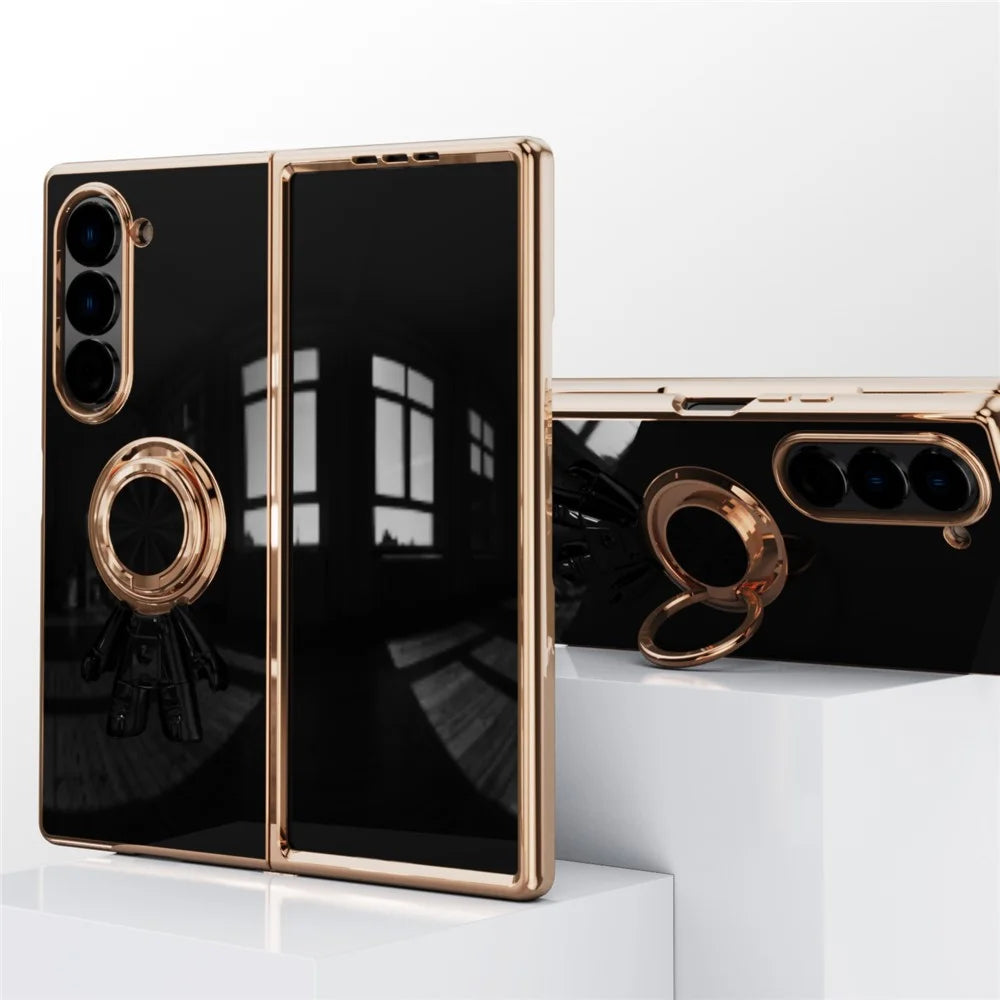 For Samsung Galaxy Z Fold6 5G Case with Astronaut Ring Kickstand 6D Electroplating TPU Phone Cover - Black - 3