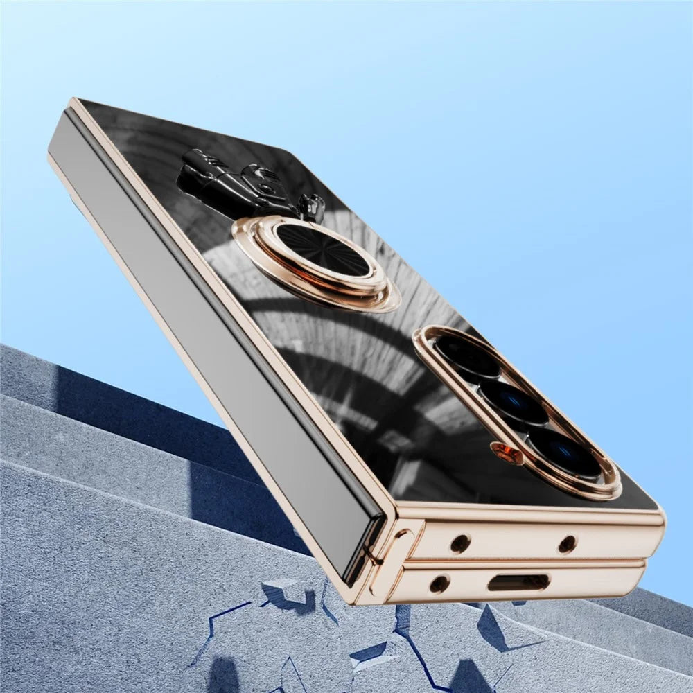 For Samsung Galaxy Z Fold6 5G Case with Astronaut Ring Kickstand 6D Electroplating TPU Phone Cover - Black - 4