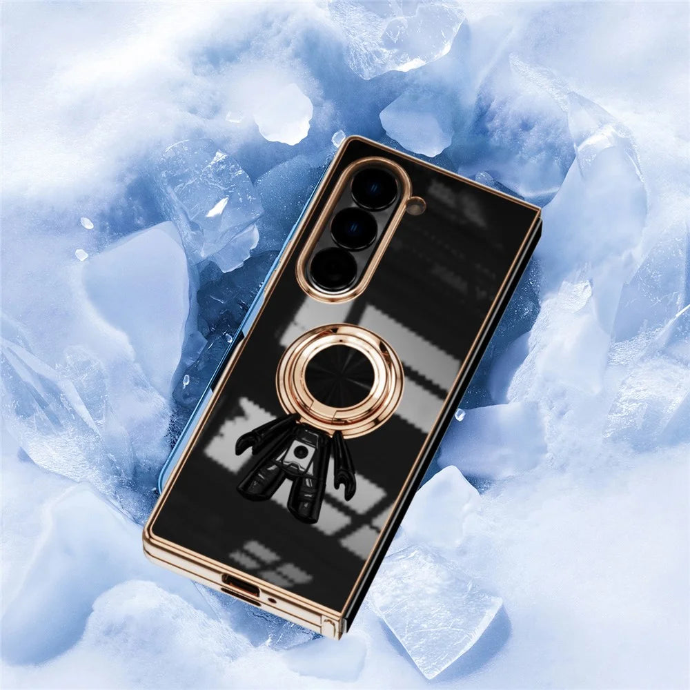 For Samsung Galaxy Z Fold6 5G Case with Astronaut Ring Kickstand 6D Electroplating TPU Phone Cover - Black - 5