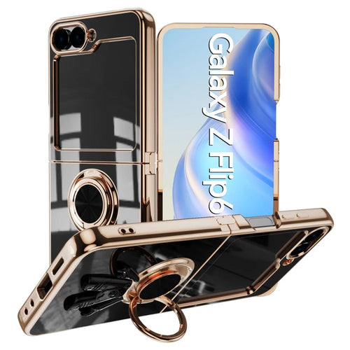 For Samsung Galaxy Z Flip7 FE 5G / Z Flip6 5G Case with Astronaut Ring Kickstand 6D Electroplating TPU Phone Cover - Black - 1