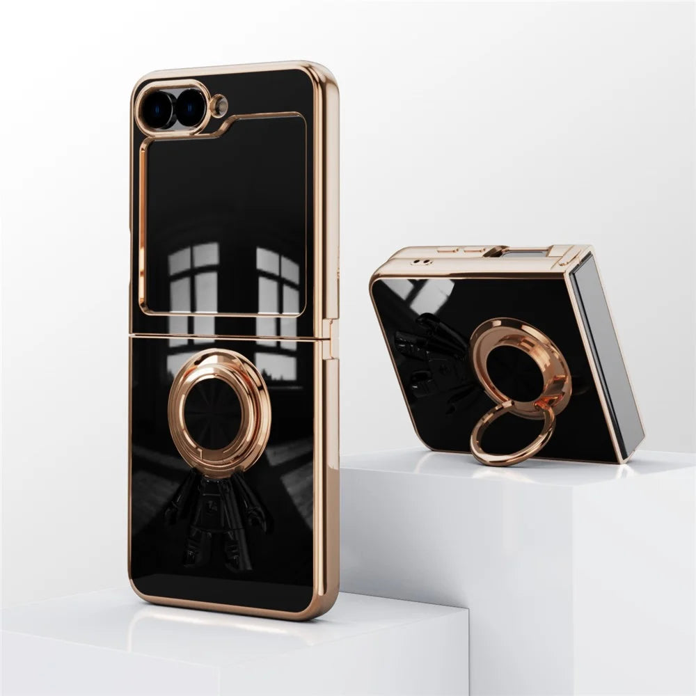 For Samsung Galaxy Z Flip7 FE 5G / Z Flip6 5G Case with Astronaut Ring Kickstand 6D Electroplating TPU Phone Cover - Black - 3