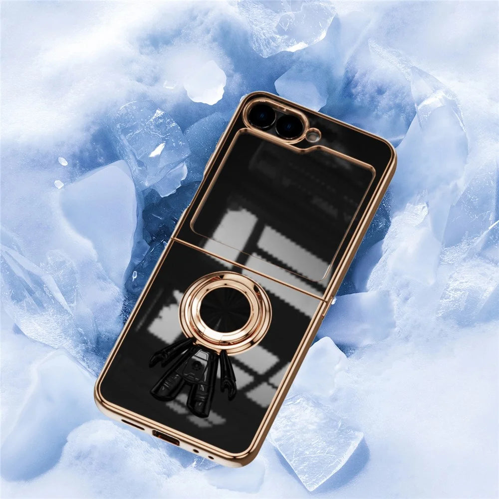 For Samsung Galaxy Z Flip7 FE 5G / Z Flip6 5G Case with Astronaut Ring Kickstand 6D Electroplating TPU Phone Cover - Black - 4
