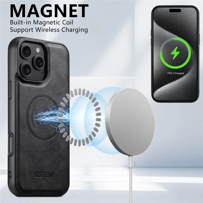 SUTENI M3 For iPhone 16 Pro Max Magnetic Case Cowhide Texture Leather Back Cover with Card Bag Kickstand - Black - 7