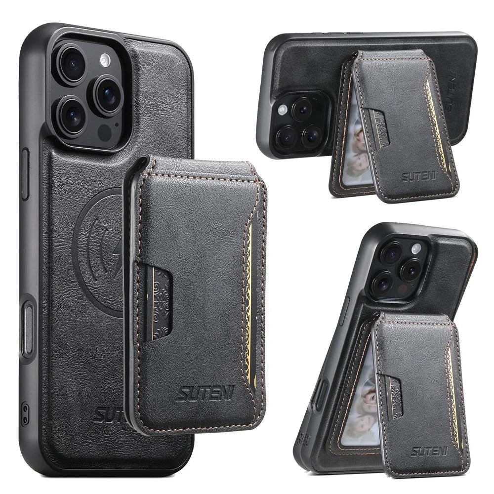 SUTENI M3 For iPhone 16 Pro Max Magnetic Case Cowhide Texture Leather Back Cover with Card Bag Kickstand - Black - 1