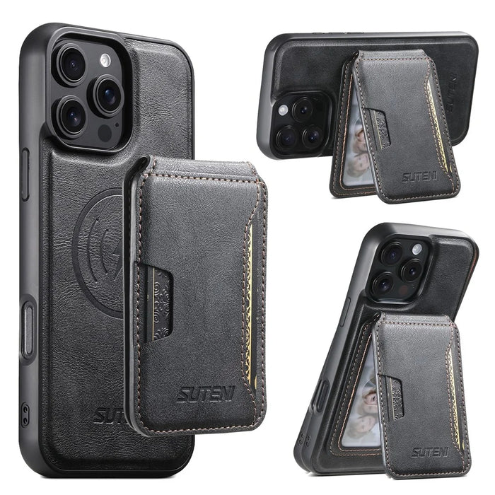 SUTENI M3 For iPhone 16 Pro Max Magnetic Case Cowhide Texture Leather Back Cover with Card Bag Kickstand - Black - 1