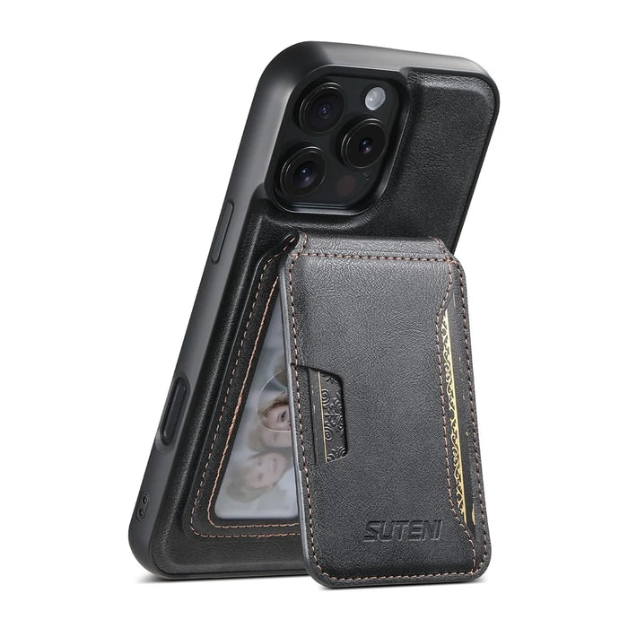 SUTENI M3 For iPhone 16 Pro Max Magnetic Case Cowhide Texture Leather Back Cover with Card Bag Kickstand - Black - 4