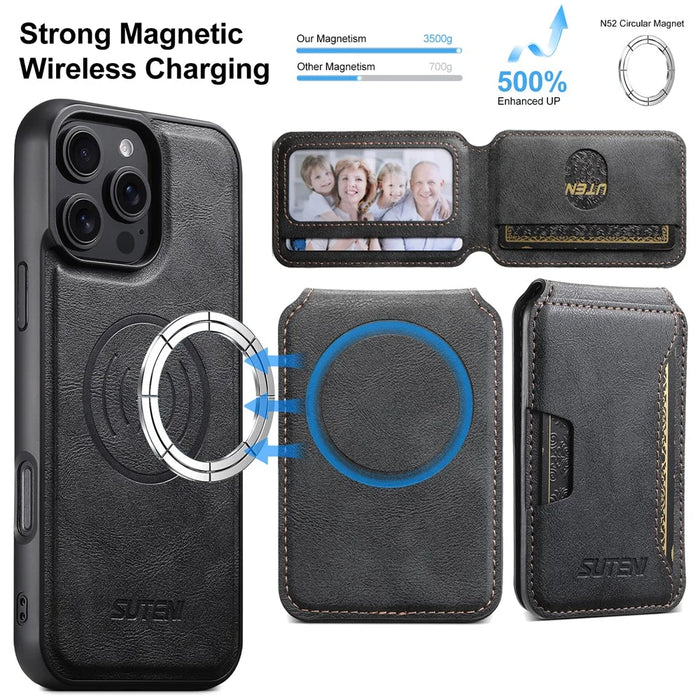 SUTENI M3 For iPhone 16 Pro Max Magnetic Case Cowhide Texture Leather Back Cover with Card Bag Kickstand - Black - 5