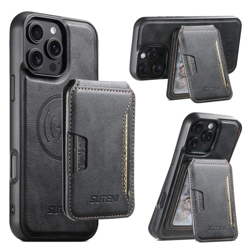 SUTENI M3 For iPhone 16 Pro Magnetic Case Cowhide Texture Leather Back Cover with Card Bag Kickstand - Black - 1