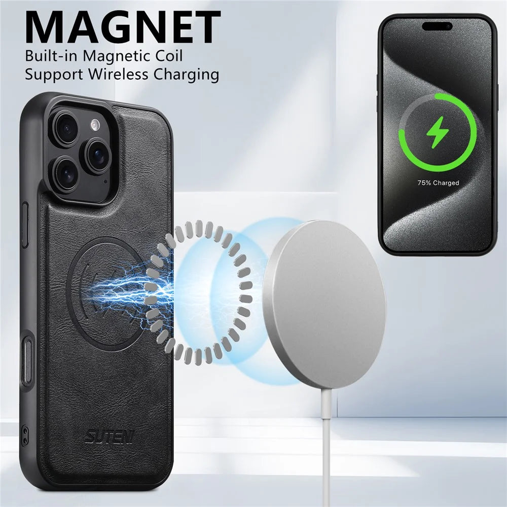 SUTENI M3 For iPhone 16 Pro Magnetic Case Cowhide Texture Leather Back Cover with Card Bag Kickstand - Black - 7