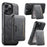 SUTENI M3 For iPhone 16 Pro Magnetic Case Cowhide Texture Leather Back Cover with Card Bag Kickstand - Black - 1