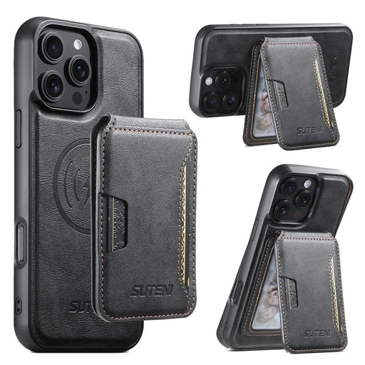 SUTENI M3 For iPhone 16 Pro Magnetic Case Cowhide Texture Leather Back Cover with Card Bag Kickstand - Black - 1