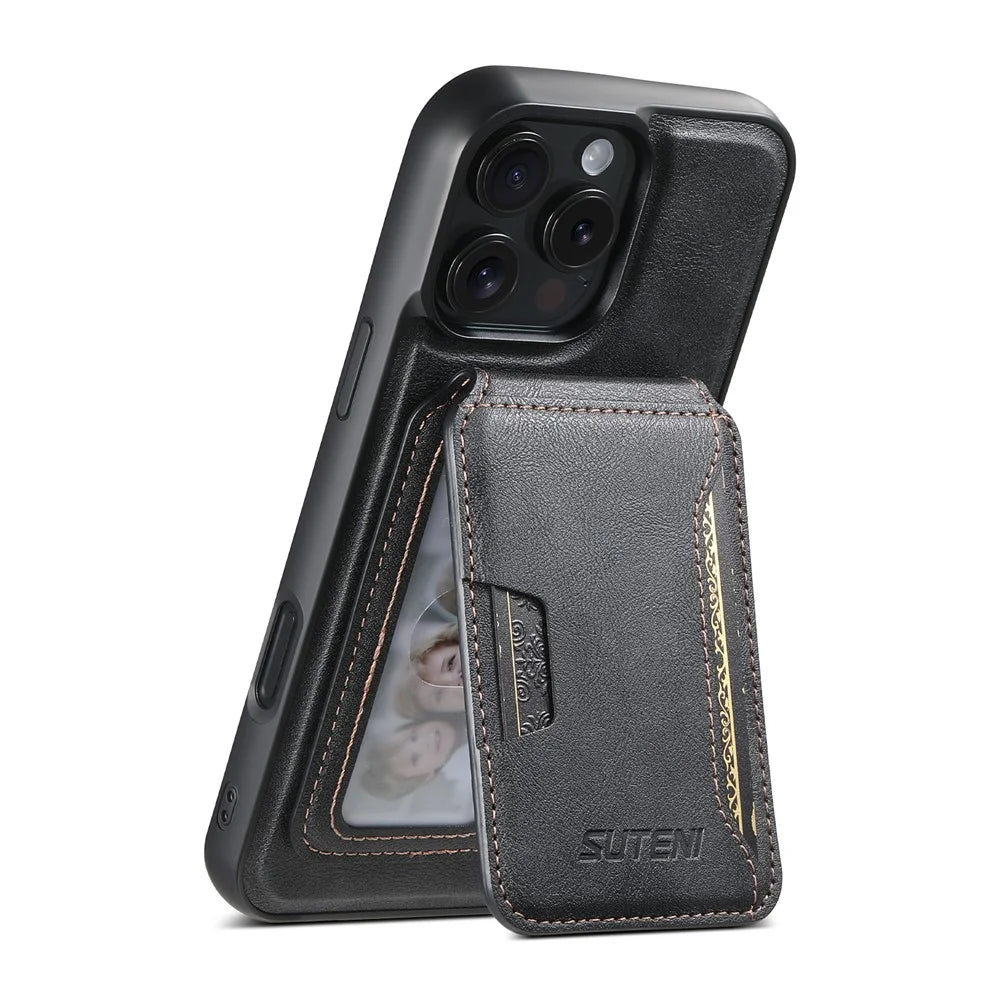 SUTENI M3 For iPhone 16 Pro Magnetic Case Cowhide Texture Leather Back Cover with Card Bag Kickstand - Black - 4