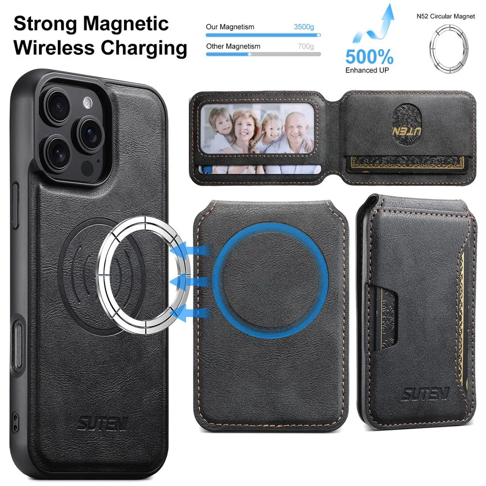 SUTENI M3 For iPhone 16 Pro Magnetic Case Cowhide Texture Leather Back Cover with Card Bag Kickstand - Black - 5