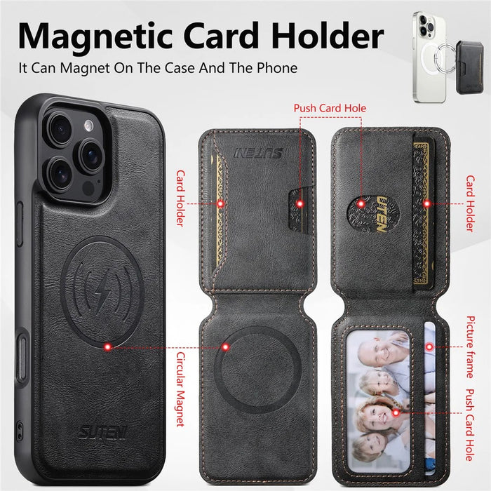 SUTENI M3 For iPhone 16 Pro Magnetic Case Cowhide Texture Leather Back Cover with Card Bag Kickstand - Black - 6