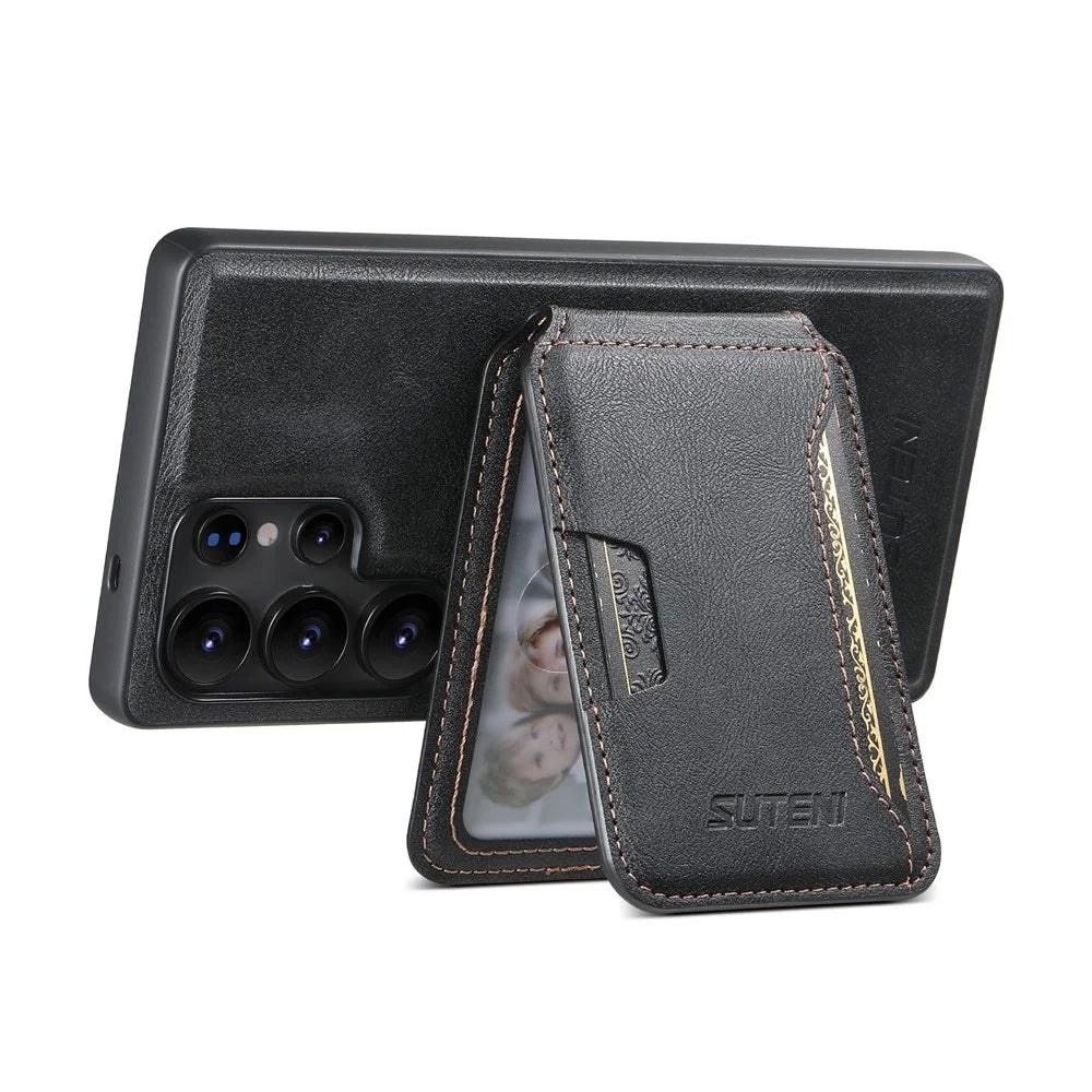 SUTENI M3 For Samsung Galaxy S25 Ultra Magnetic Case Cowhide Texture Leather Back Cover with Card Bag Kickstand - Black - 3