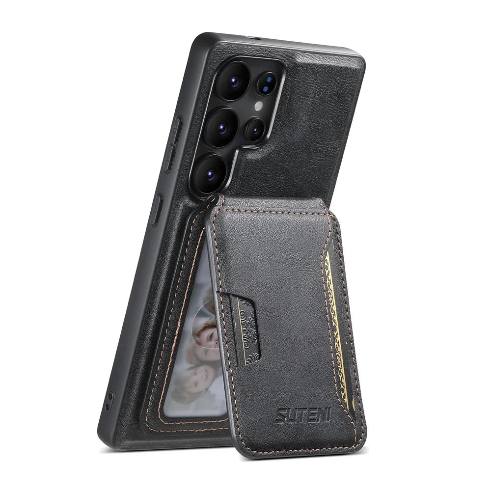 SUTENI M3 For Samsung Galaxy S25 Ultra Magnetic Case Cowhide Texture Leather Back Cover with Card Bag Kickstand - Black - 4