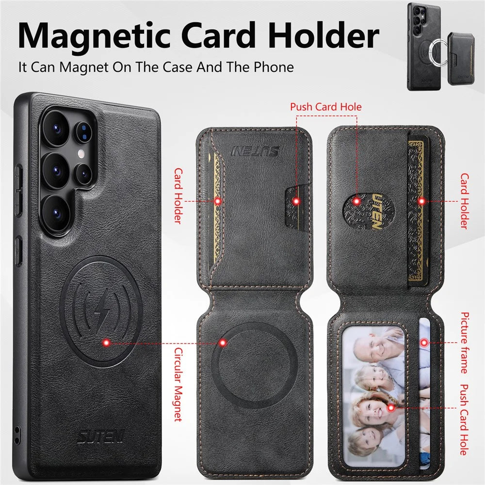SUTENI M3 For Samsung Galaxy S25 Ultra Magnetic Case Cowhide Texture Leather Back Cover with Card Bag Kickstand - Black - 7
