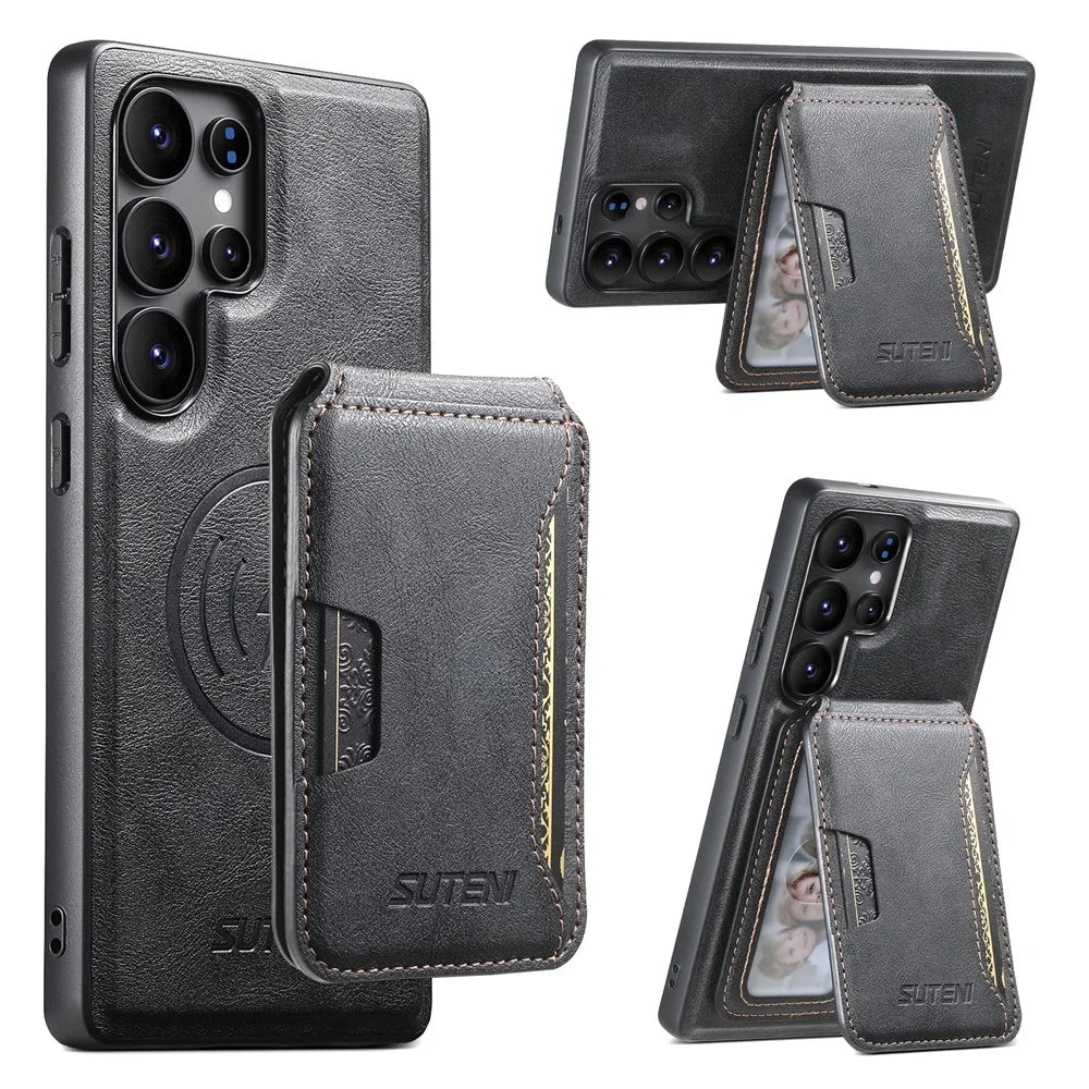 SUTENI M3 For Samsung Galaxy S24 Ultra Magnetic Case Cowhide Texture Leather Back Cover with Card Bag Kickstand - Black - 1
